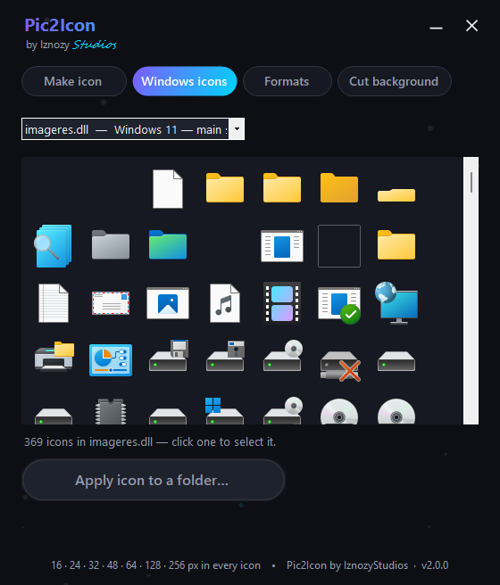 Windows icons tab — 369 native icons extracted live from imageres.dll
