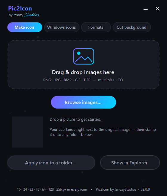 Make icon tab — drag and drop an image to build a multi-size Windows icon