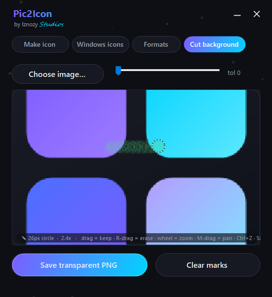 Cut background zoomed to 2.4x with pixel-crisp precision marking